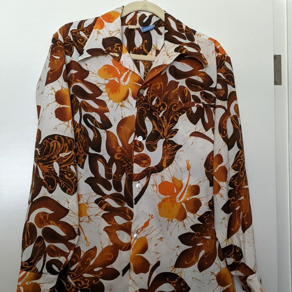 Hawaiian Surf Pacific Sportswear Shirt Long Sleeve vintage L Large Brown Flowers